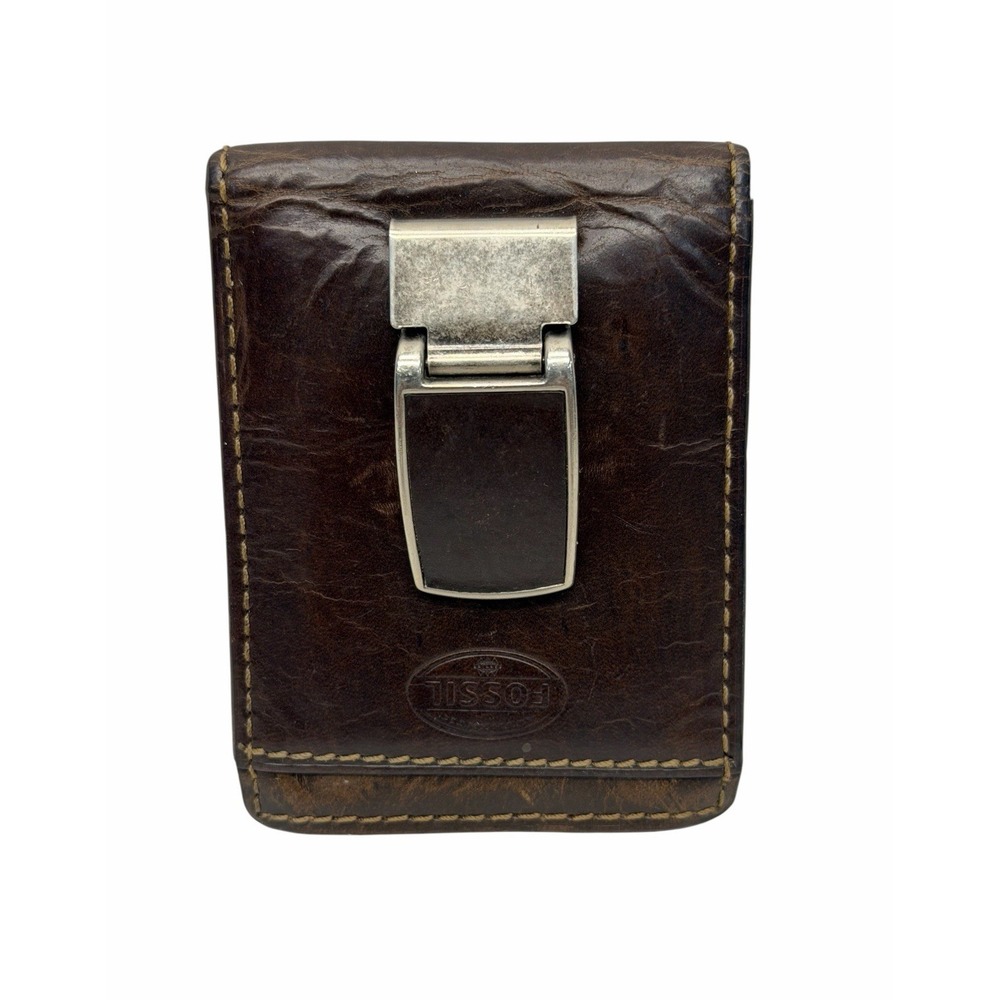 Authentic FOSSIL ID Bifold GENUINE Leather BROWN Fast Free Shipping